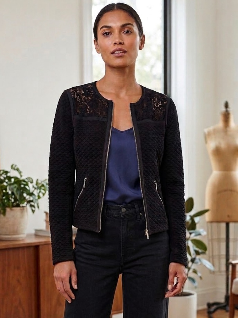 NWT Vintage Rebecca Taylor Black Quilted Lace Yoke Zip Jacket Size 8